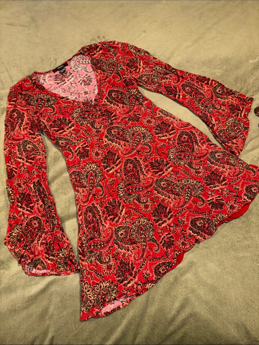 Red Paisley V-Neck Long Sleeve Women's Top